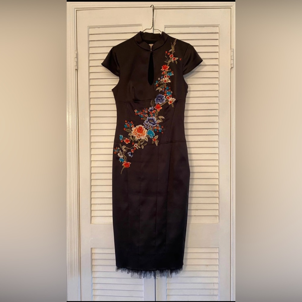 Oriental style corseted Black Party dress with beautiful embroidery.